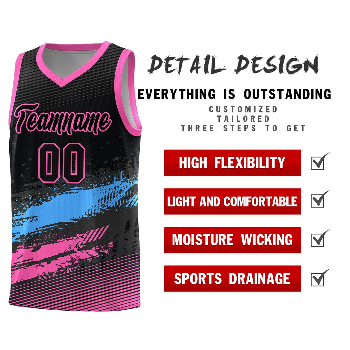 Custom Black Powder Blue and Pink Graffiti Pattern Sports Uniform Basketball Jersey|KXKSHOP