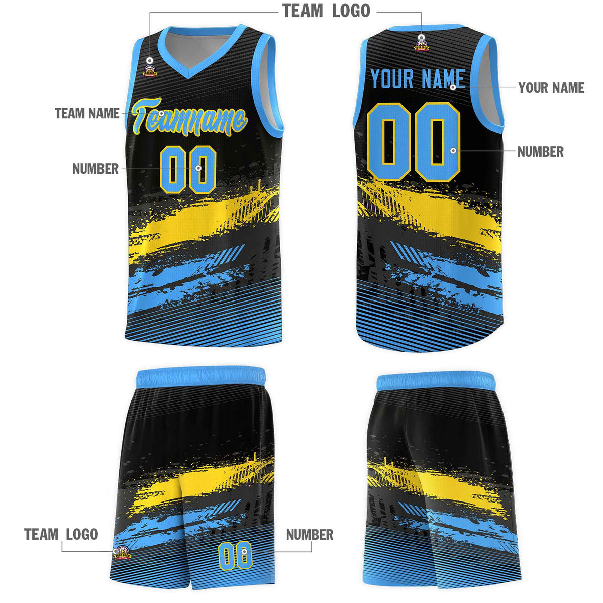 Custom Black Gold and Powder Blue Graffiti Pattern Sports Uniform Basketball Jersey|KXKSHOP