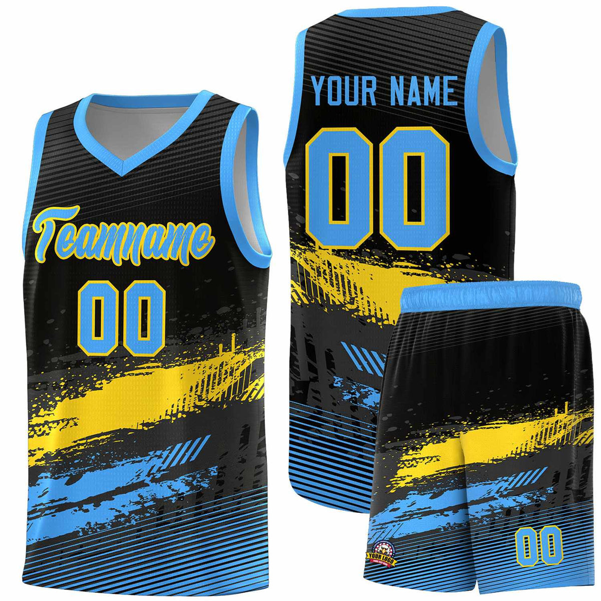 Custom Black Gold and Powder Blue Graffiti Pattern Sports Uniform Basketball Jersey|KXKSHOP