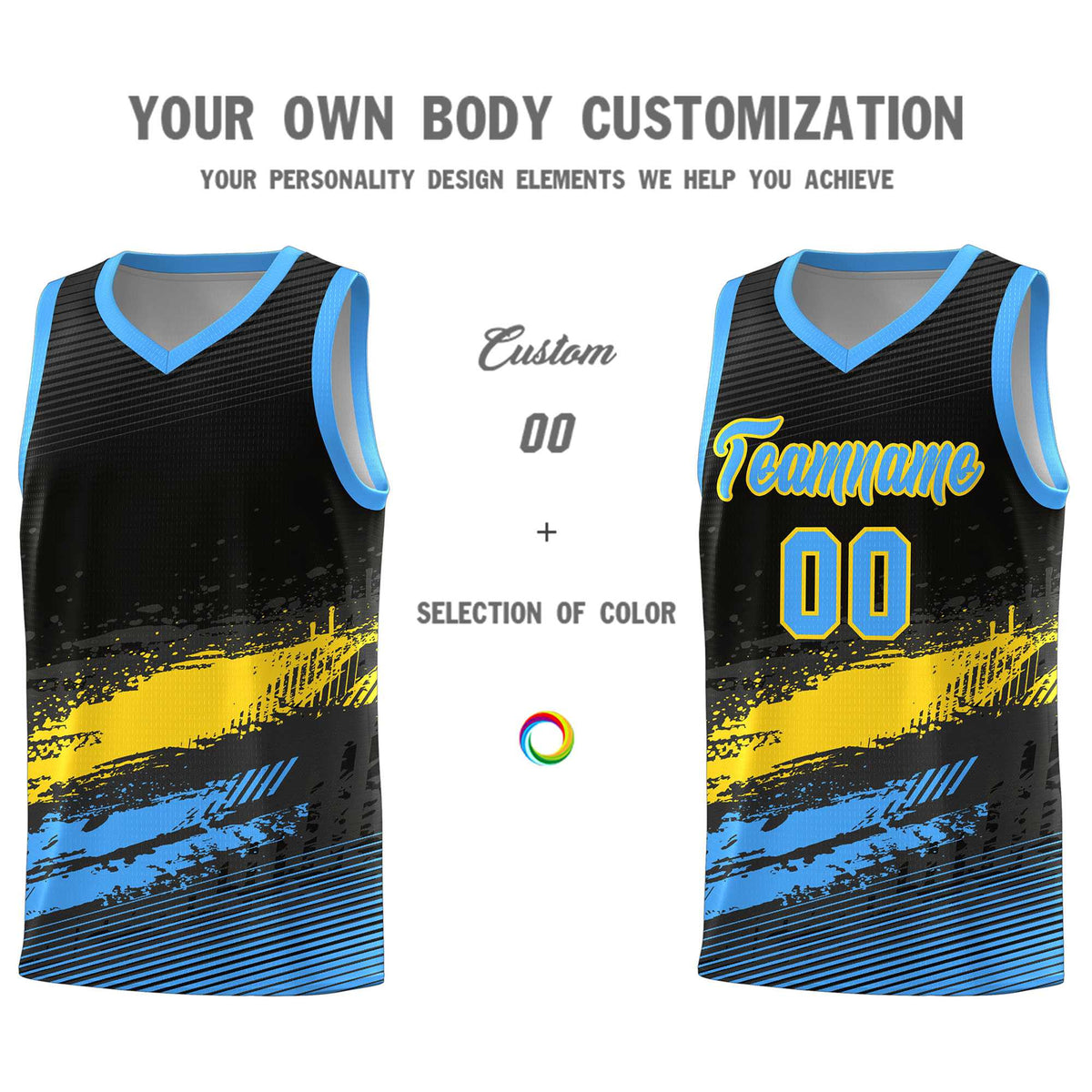 Custom Black Gold and Powder Blue Graffiti Pattern Sports Uniform Basketball Jersey|KXKSHOP