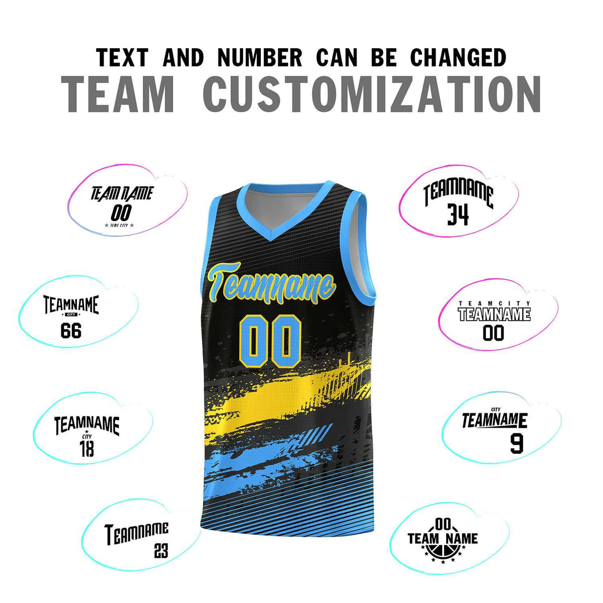 Custom Black Gold and Powder Blue Graffiti Pattern Sports Uniform Basketball Jersey|KXKSHOP