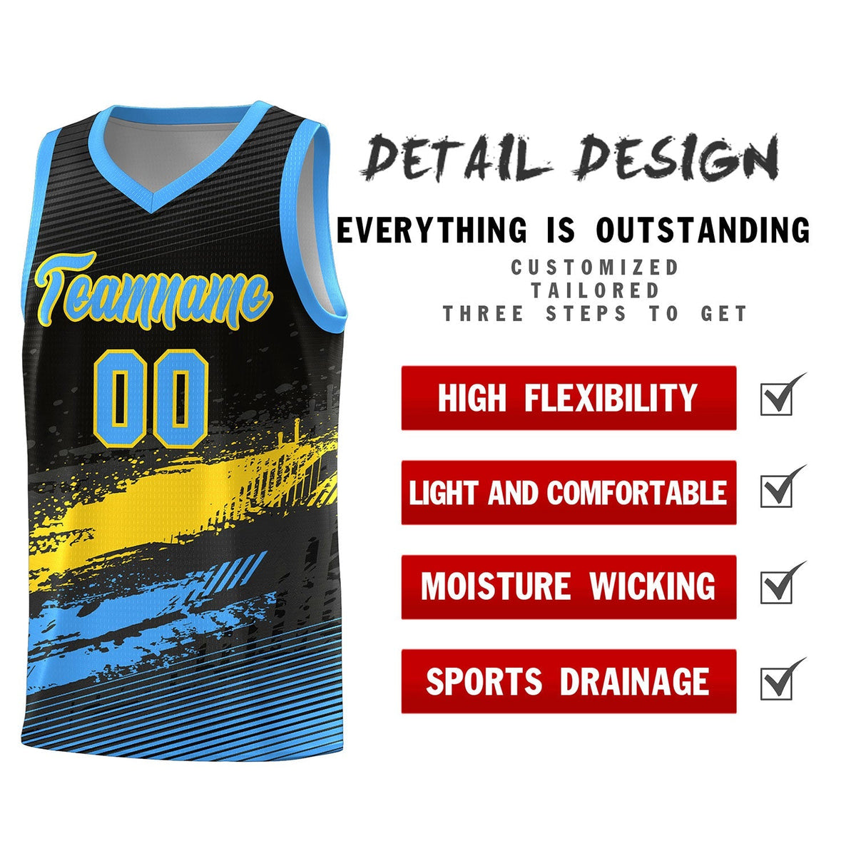 Custom Black Gold and Powder Blue Graffiti Pattern Sports Uniform Basketball Jersey|KXKSHOP