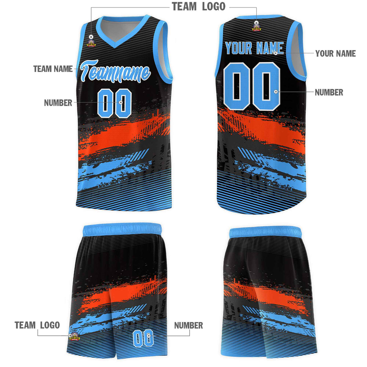 Custom Black Orange and Powder Blue Graffiti Pattern Sports Uniform Basketball Jersey|KXKSHOP