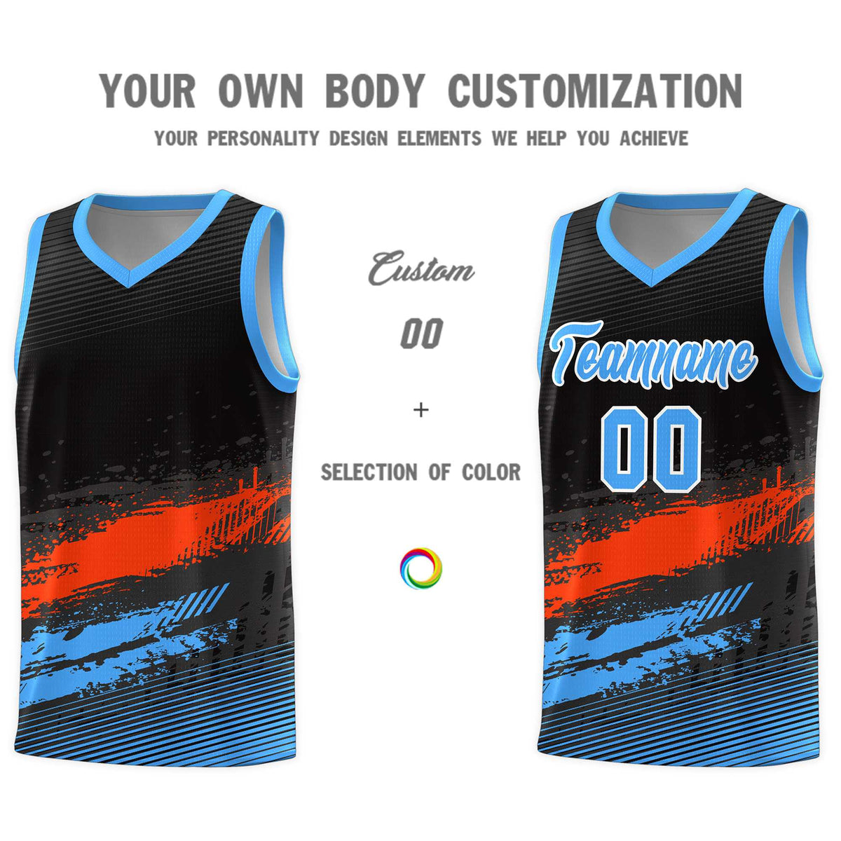 Custom Black Orange and Powder Blue Graffiti Pattern Sports Uniform Basketball Jersey|KXKSHOP