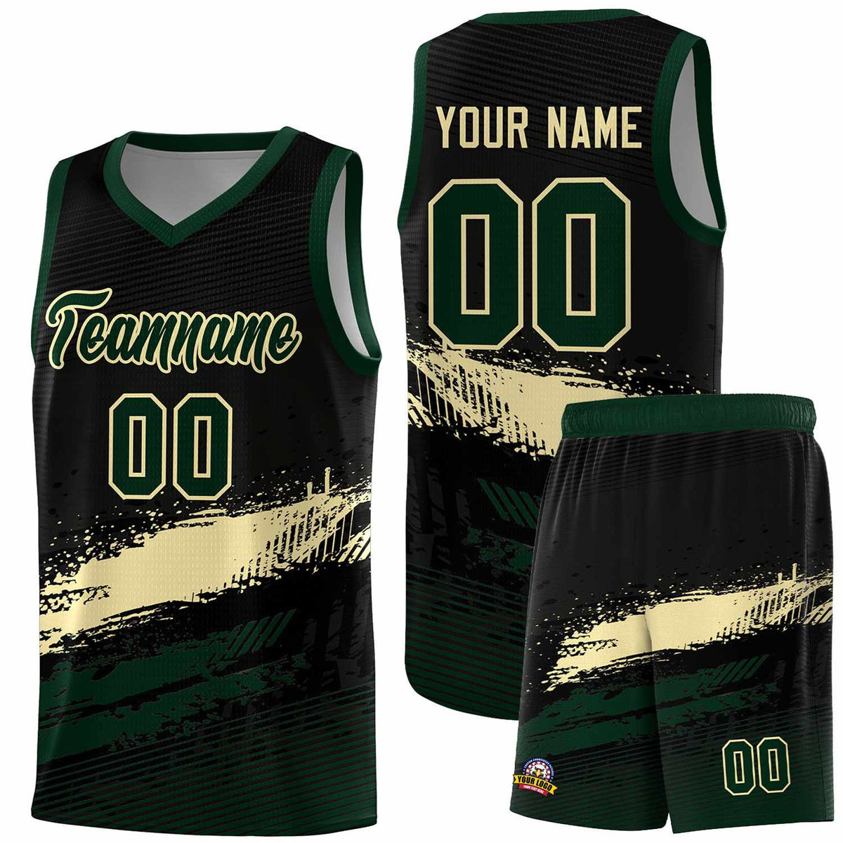 Custom Black Cream and Hunter Green Graffiti Pattern Sports Uniform Basketball Jersey|KXKSHOP