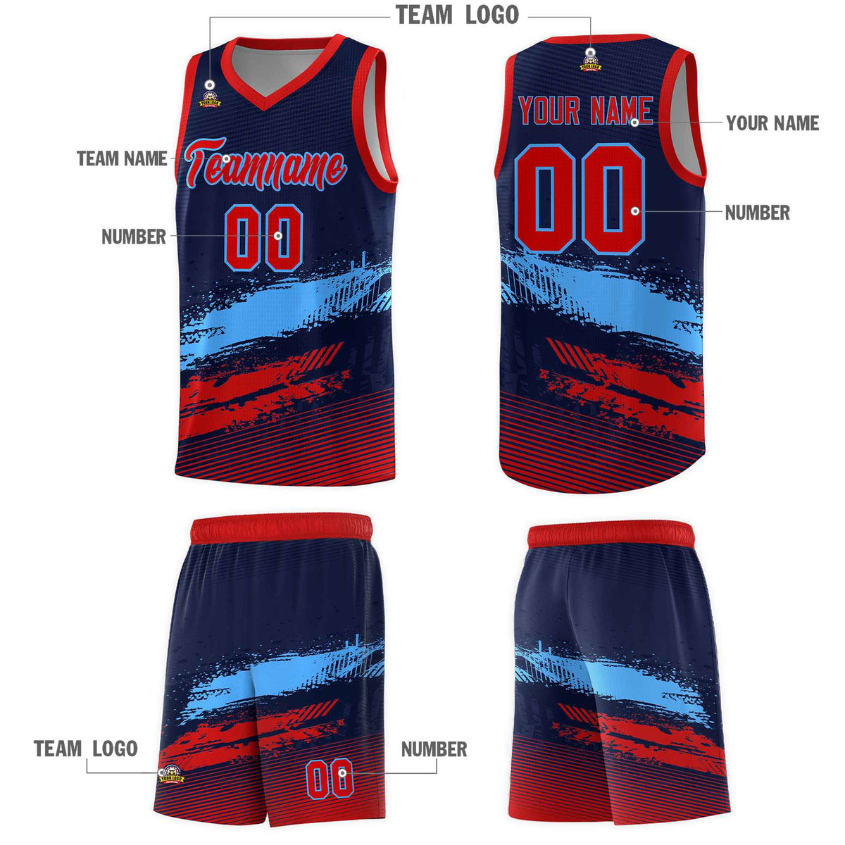 Custom Navy Powder Blue and Red Graffiti Pattern Sports Uniform Basketball Jersey|KXKSHOP