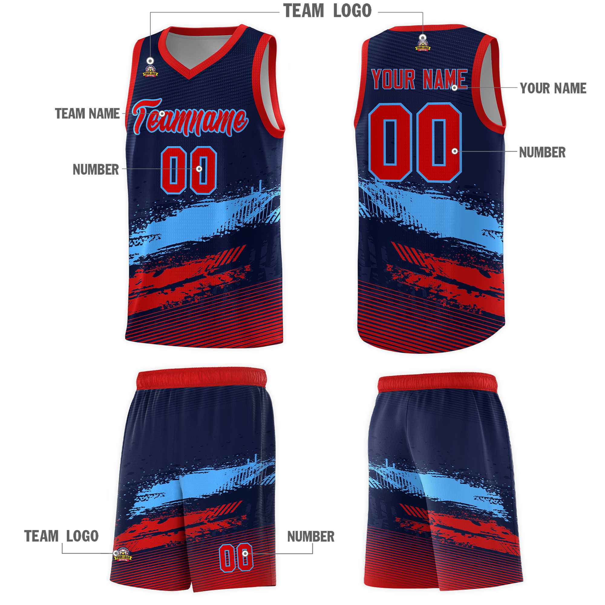 Custom Navy Powder Blue and Red Graffiti Pattern Sports Uniform Basketball Jersey|KXKSHOP
