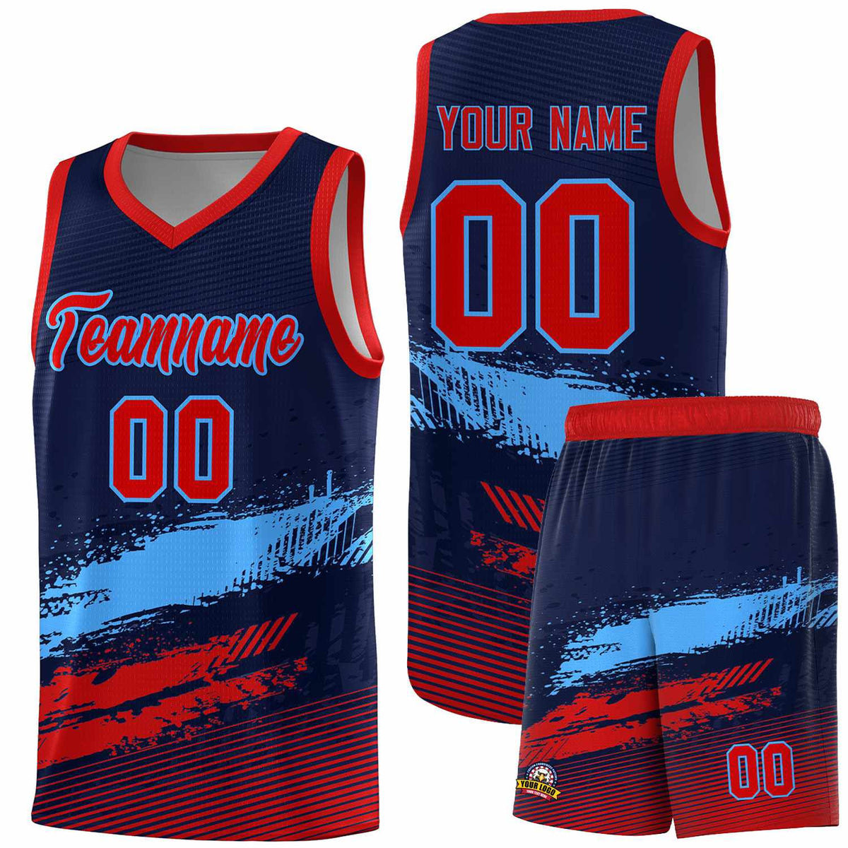 Custom Navy Powder Blue and Red Graffiti Pattern Sports Uniform Basketball Jersey|KXKSHOP