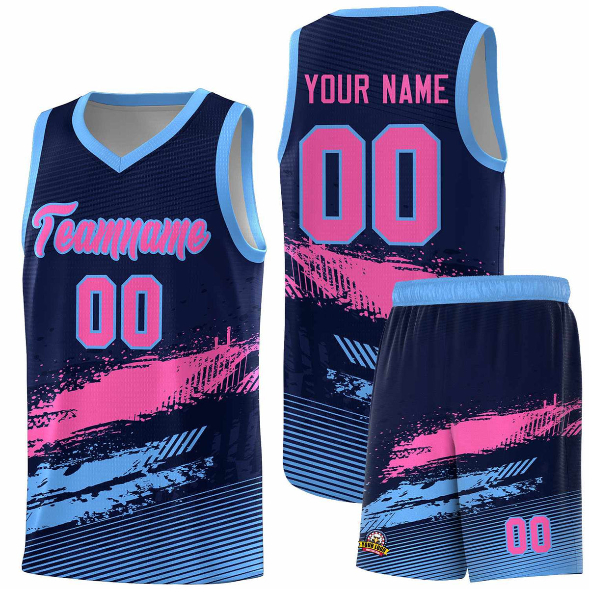 Custom Navy Pink and Powder Blue Graffiti Pattern Sports Uniform Basketball Jersey|KXKSHOP