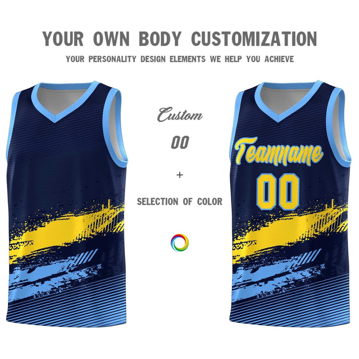 Custom Navy Gold and Powder Blue Graffiti Pattern Sports Uniform Basketball Jersey|KXKSHOP