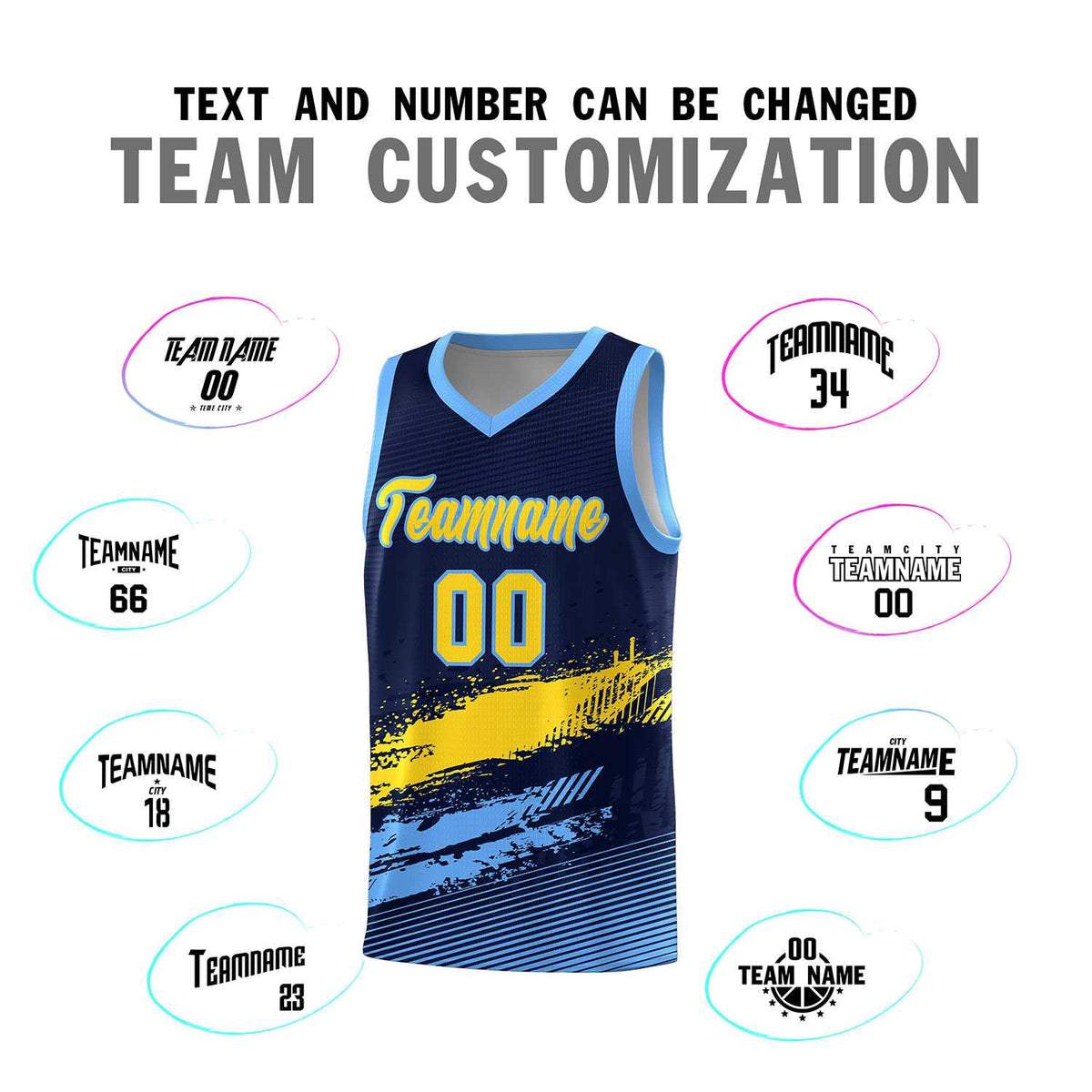 Custom Navy Gold and Powder Blue Graffiti Pattern Sports Uniform Basketball Jersey|KXKSHOP