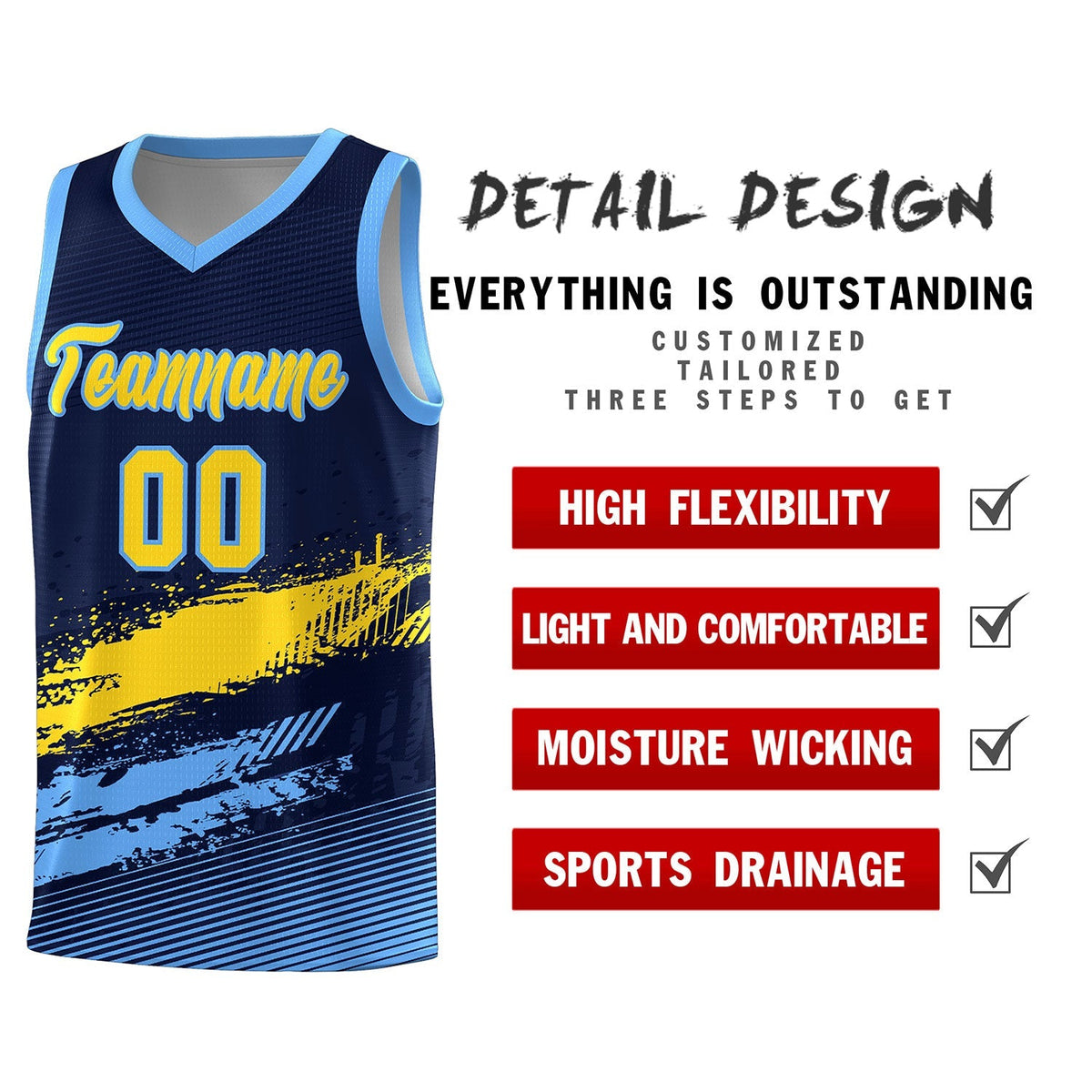 Custom Navy Gold and Powder Blue Graffiti Pattern Sports Uniform Basketball Jersey|KXKSHOP