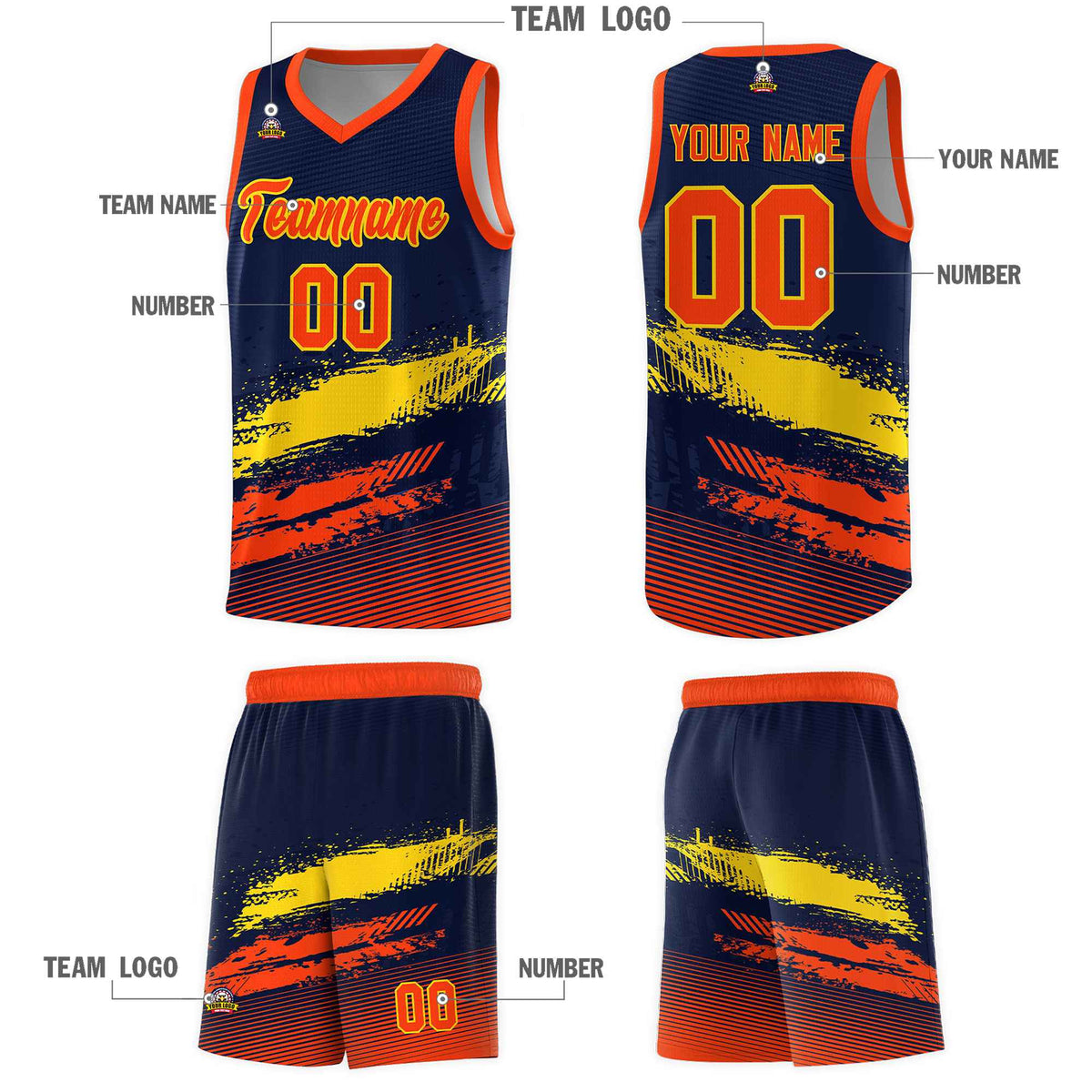 Custom Navy Gold and Orange Graffiti Pattern Sports Uniform Basketball Jersey|KXKSHOP