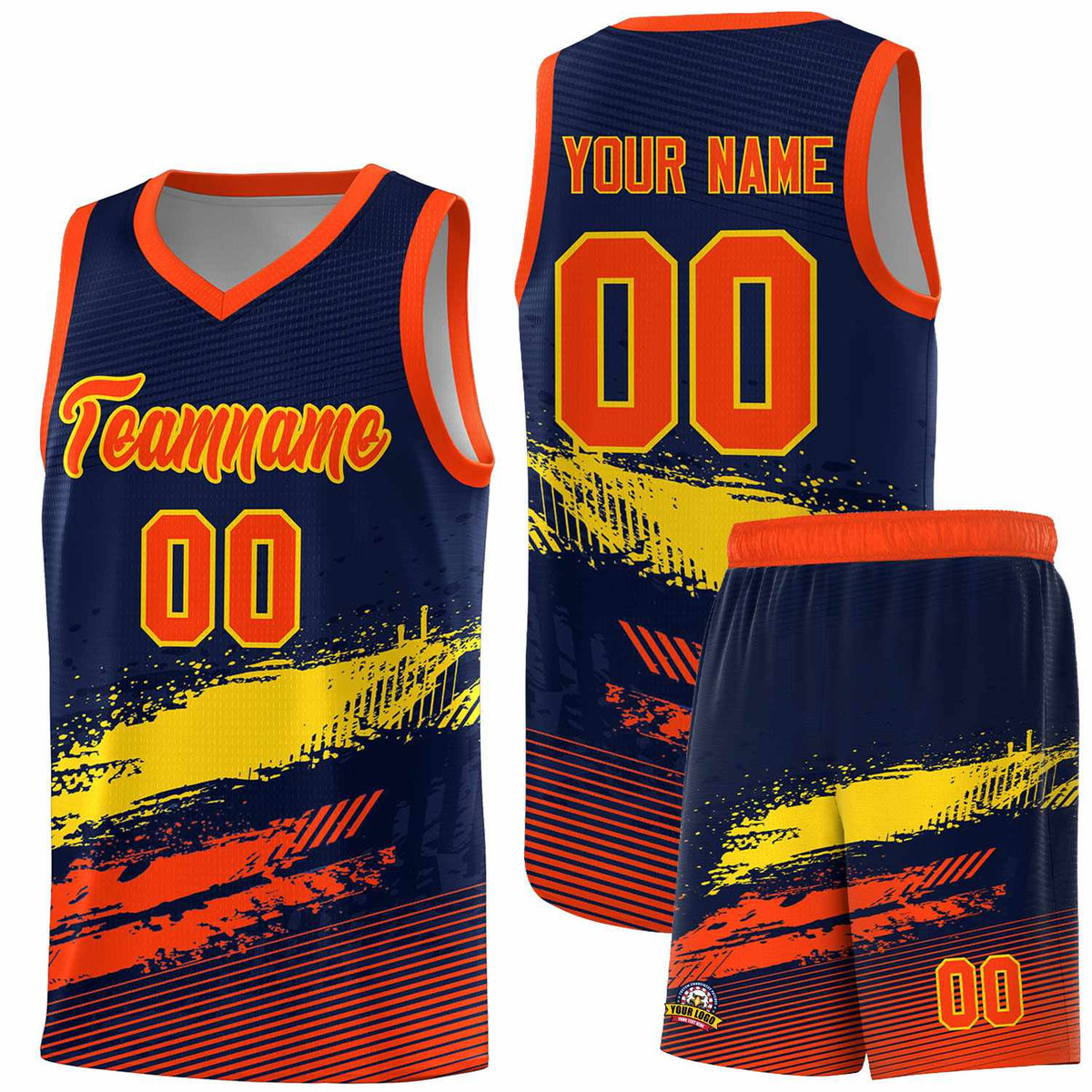 Custom Navy Gold and Orange Graffiti Pattern Sports Uniform Basketball Jersey|KXKSHOP