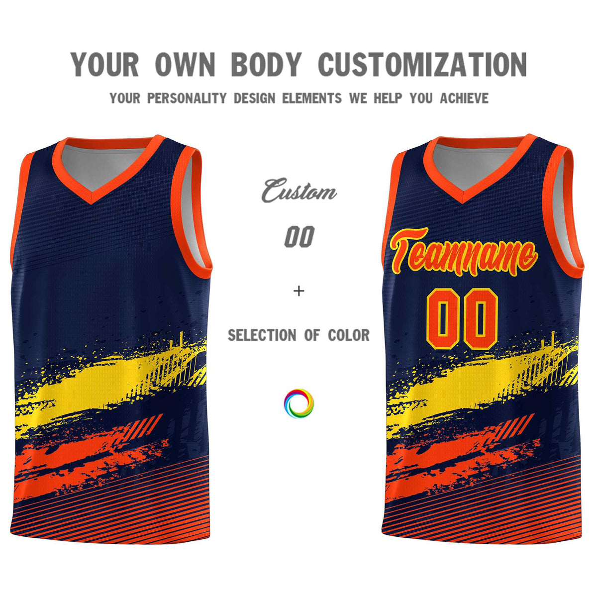 Custom Navy Gold and Orange Graffiti Pattern Sports Uniform Basketball Jersey|KXKSHOP