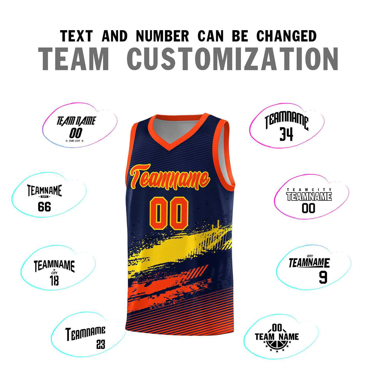 Custom Navy Gold and Orange Graffiti Pattern Sports Uniform Basketball Jersey|KXKSHOP