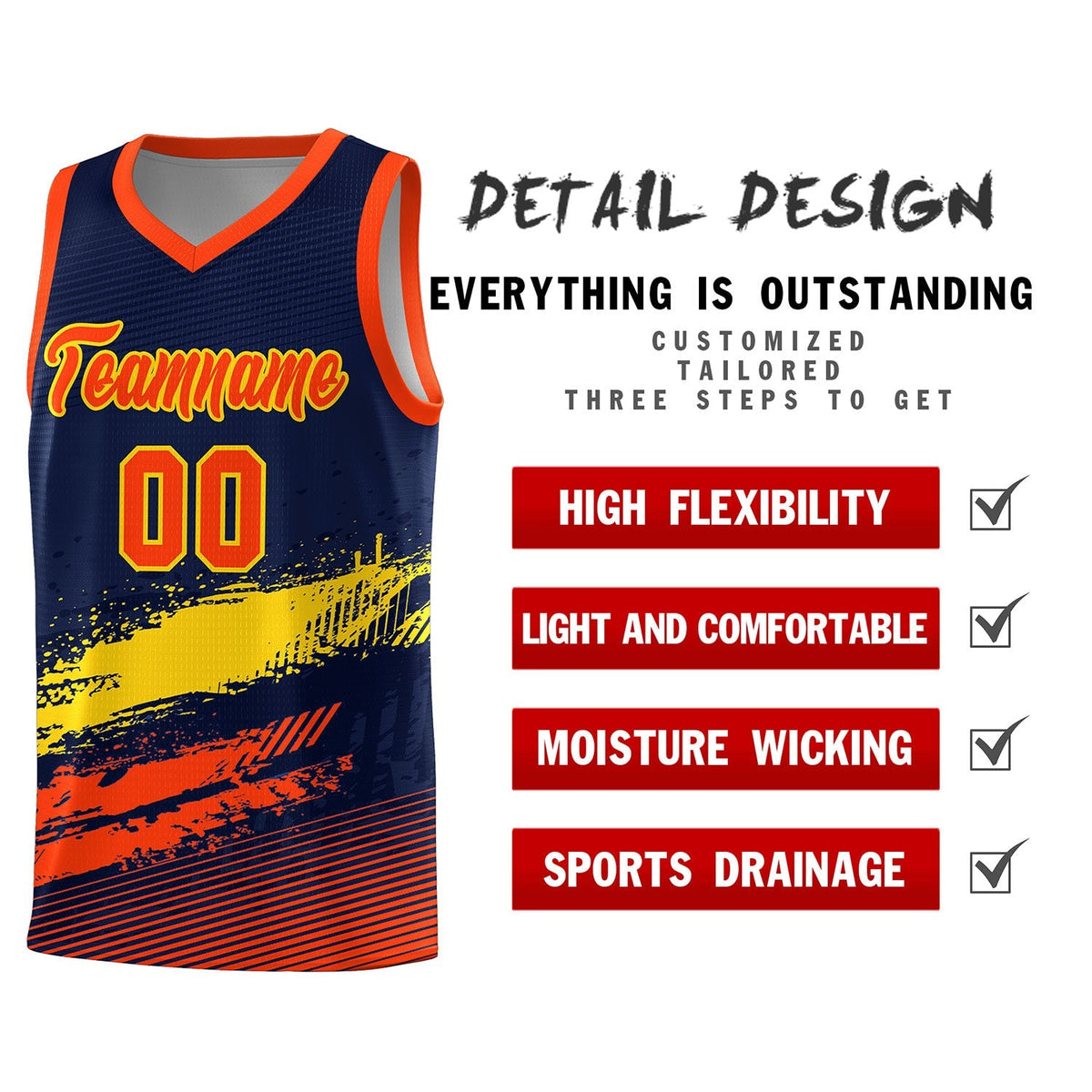 Custom Navy Gold and Orange Graffiti Pattern Sports Uniform Basketball Jersey|KXKSHOP