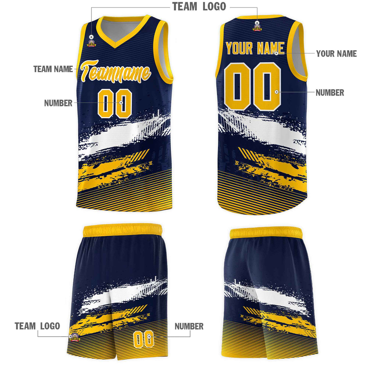 Custom Navy White and Yellow Graffiti Pattern Sports Uniform Basketball Jersey|KXKSHOP