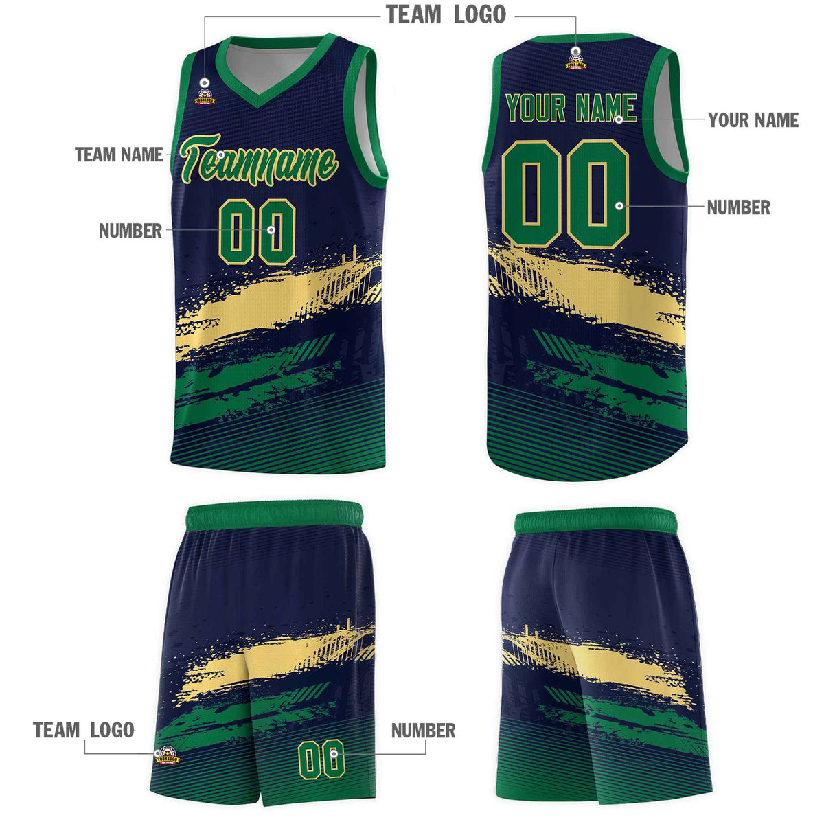 Custom Navy Khaki and Kelly Green Graffiti Pattern Sports Uniform Basketball Jersey|KXKSHOP