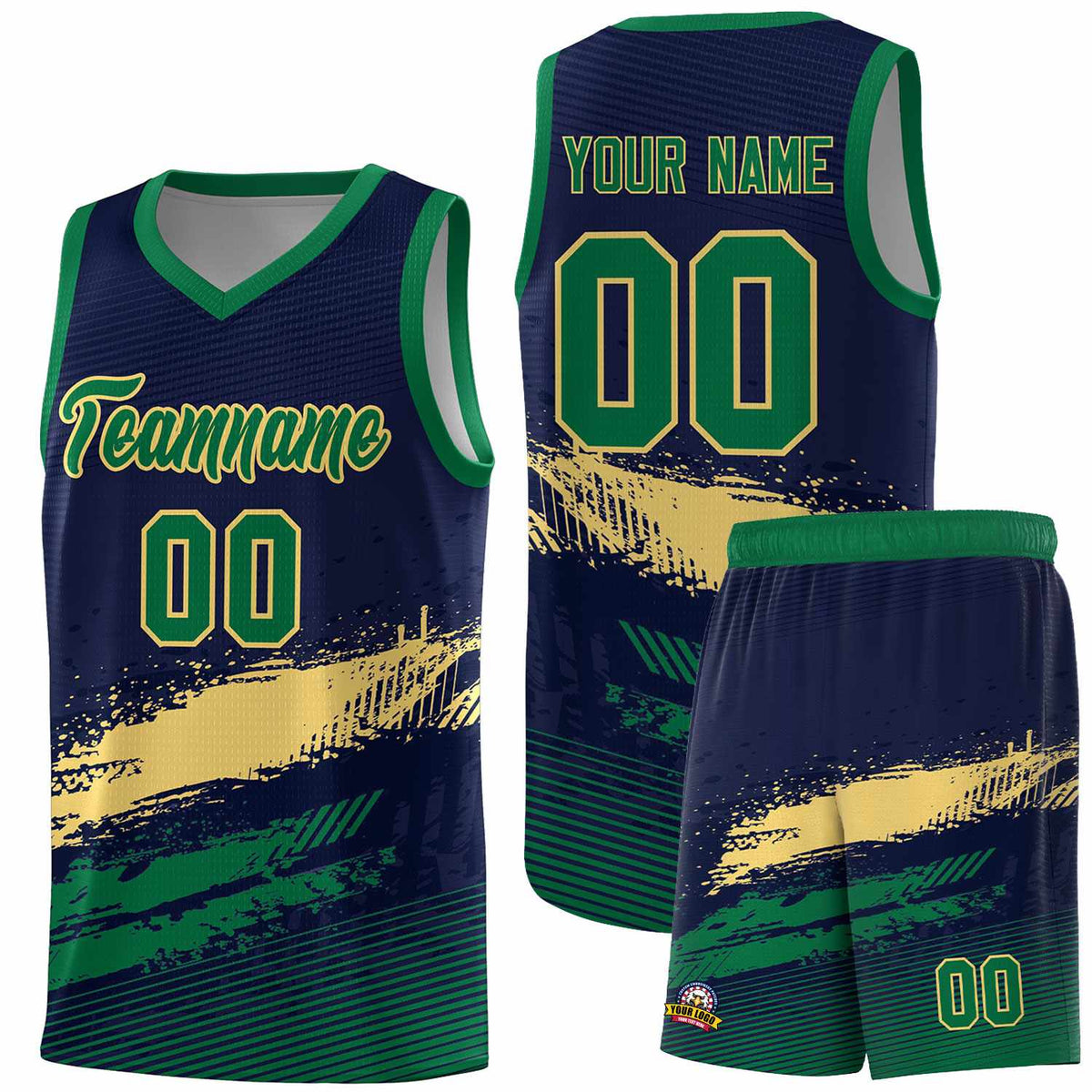 Custom Navy Khaki and Kelly Green Graffiti Pattern Sports Uniform Basketball Jersey|KXKSHOP
