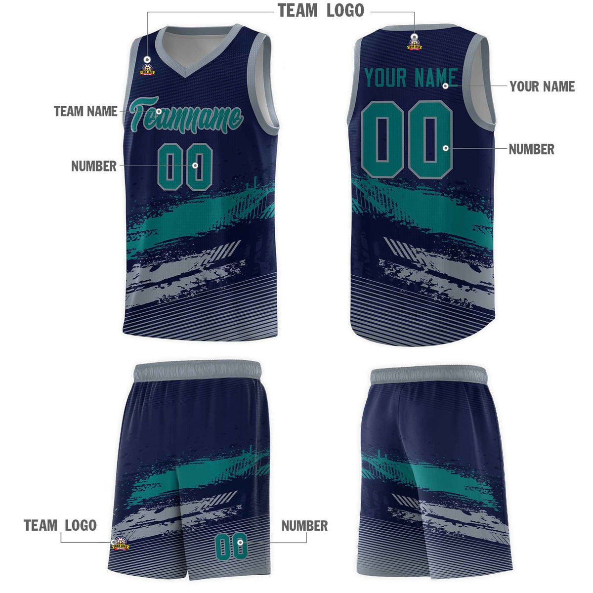 Custom Navy Aqua and Gray Graffiti Pattern Sports Uniform Basketball Jersey|KXKSHOP