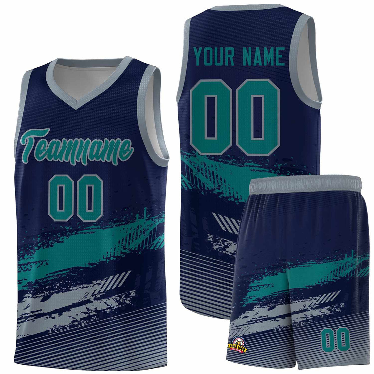 Custom Navy Aqua and Gray Graffiti Pattern Sports Uniform Basketball Jersey|KXKSHOP