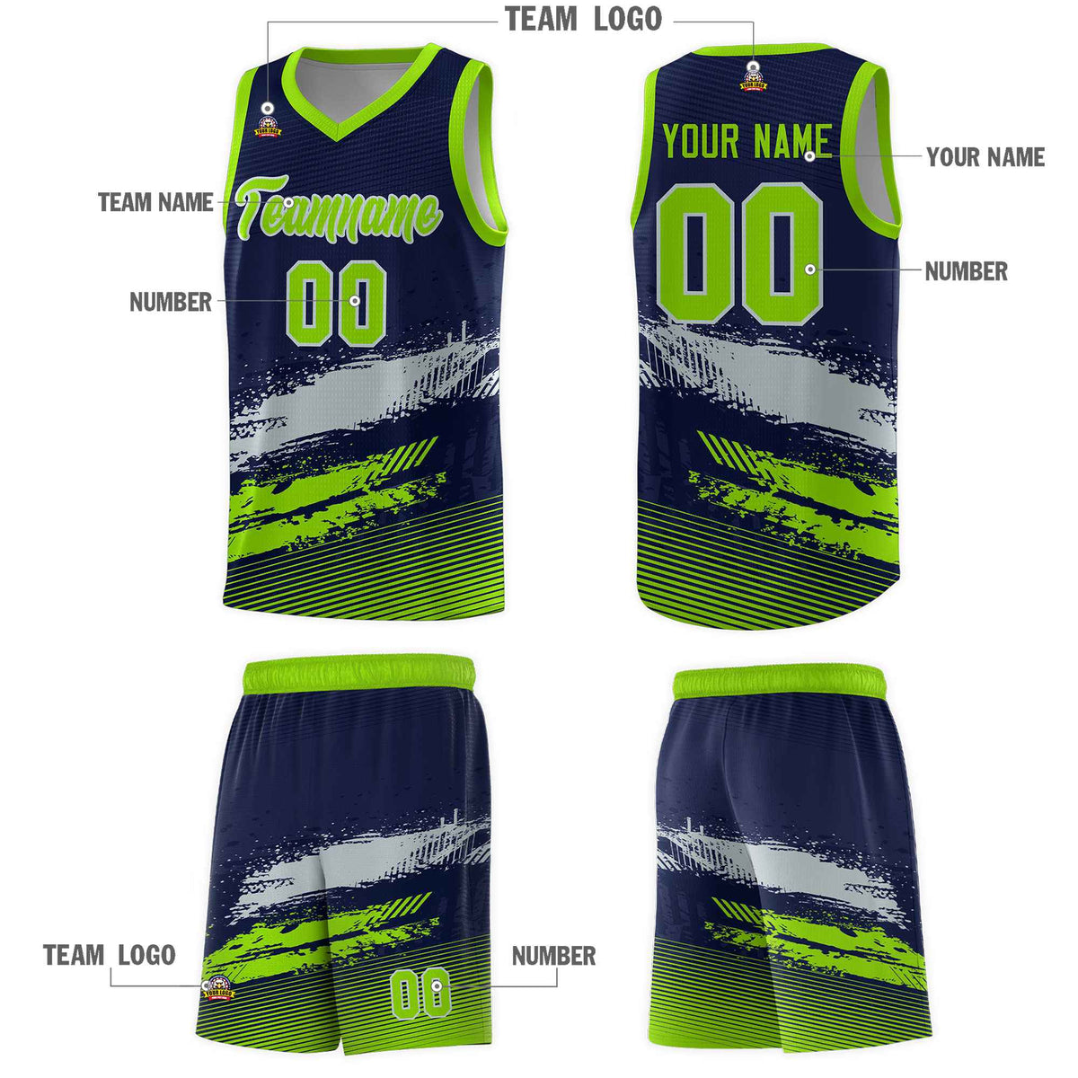 Custom Navy Gray and Neon Green Graffiti Pattern Sports Uniform Basketball Jersey|KXKSHOP