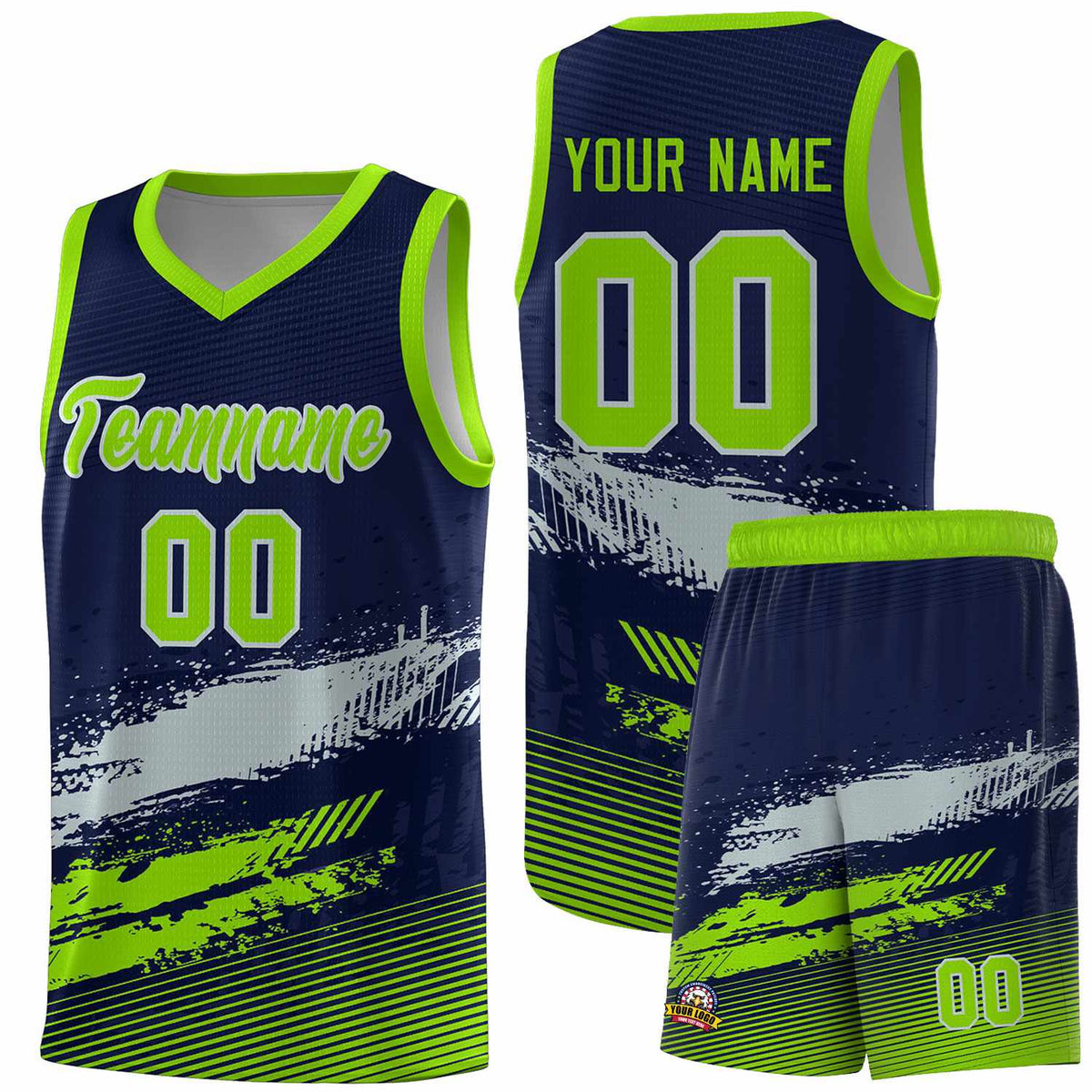 Custom Navy Gray and Neon Green Graffiti Pattern Sports Uniform Basketball Jersey|KXKSHOP