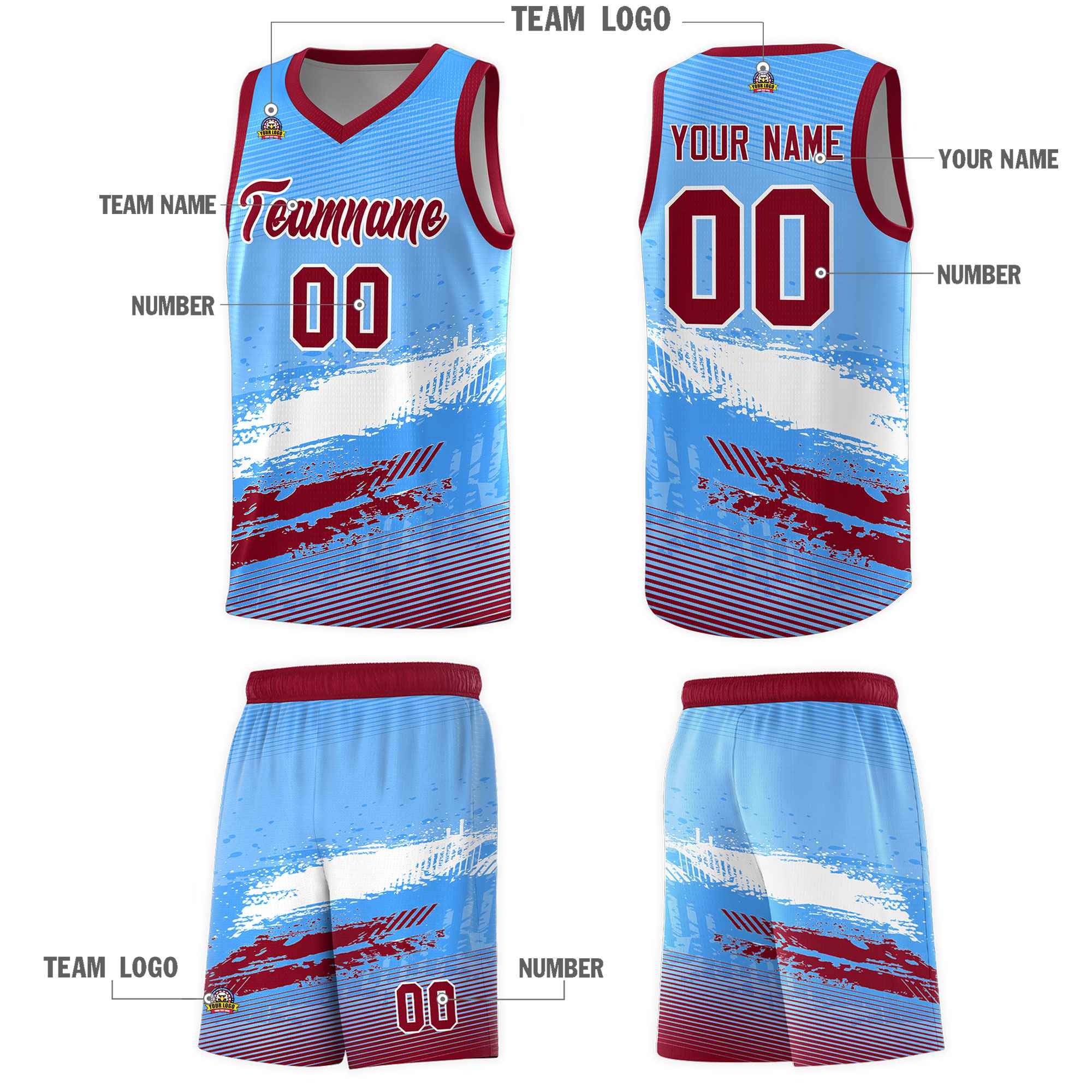 Custom Powder Blue White and Crimson Graffiti Pattern Sports Uniform Basketball Jersey|KXKSHOP