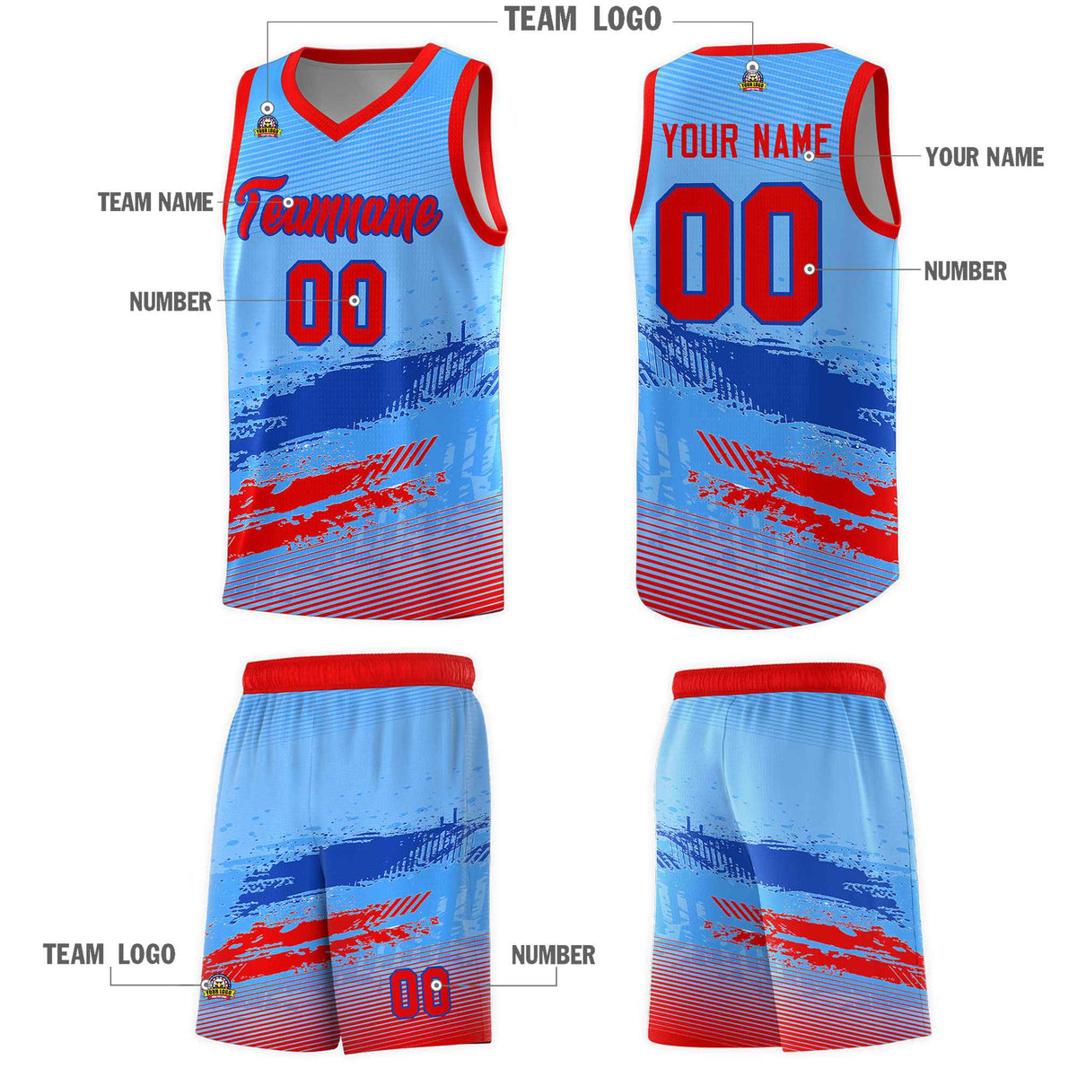 Custom Powder Blue Royal and Red Graffiti Pattern Sports Uniform Basketball Jersey|KXKSHOP