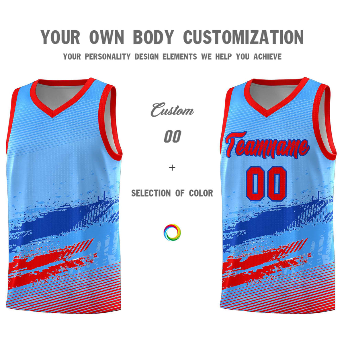 Custom Powder Blue Royal and Red Graffiti Pattern Sports Uniform Basketball Jersey|KXKSHOP