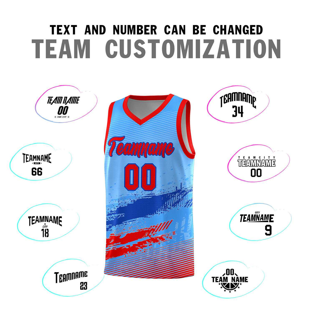 Custom Powder Blue Royal and Red Graffiti Pattern Sports Uniform Basketball Jersey|KXKSHOP