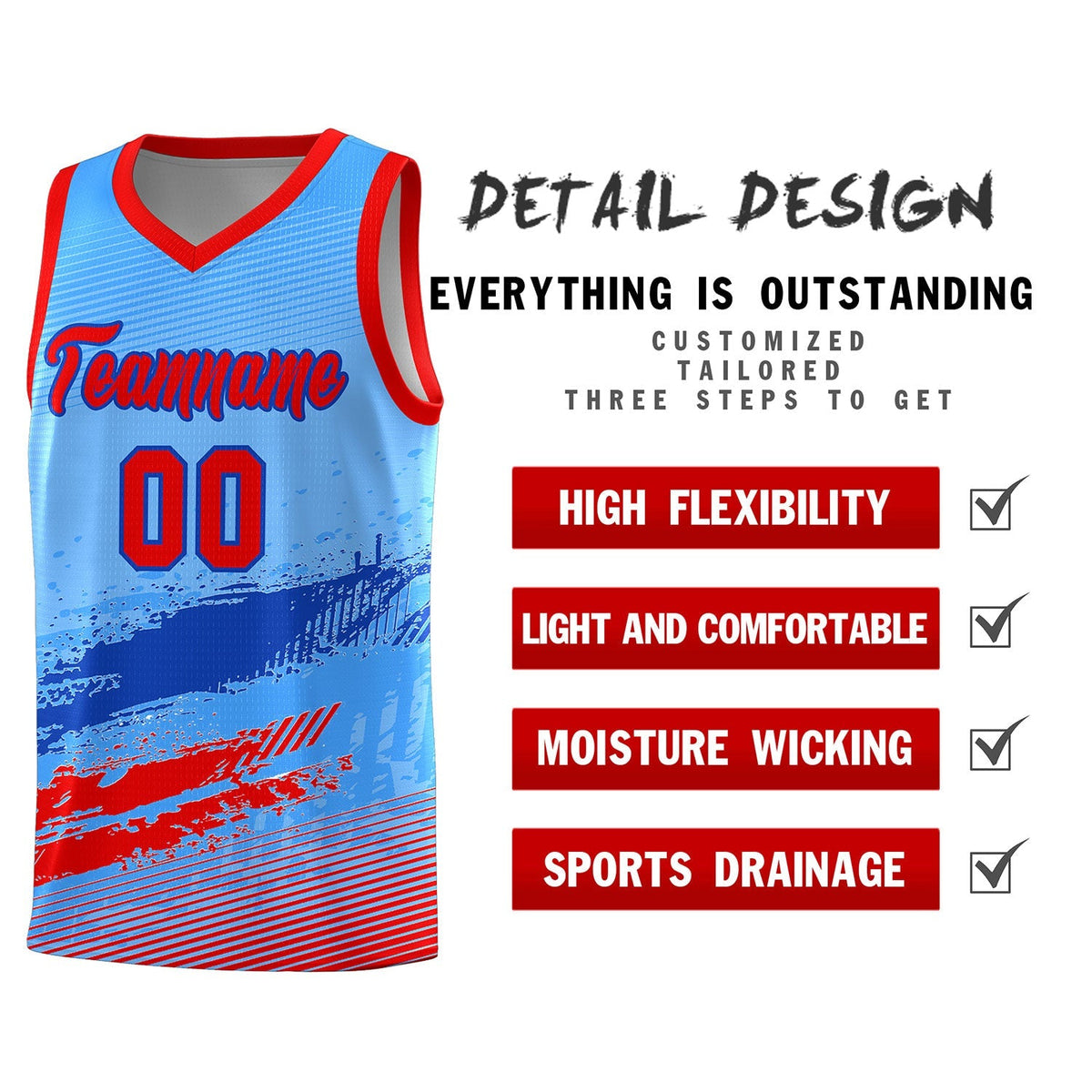 Custom Powder Blue Royal and Red Graffiti Pattern Sports Uniform Basketball Jersey|KXKSHOP