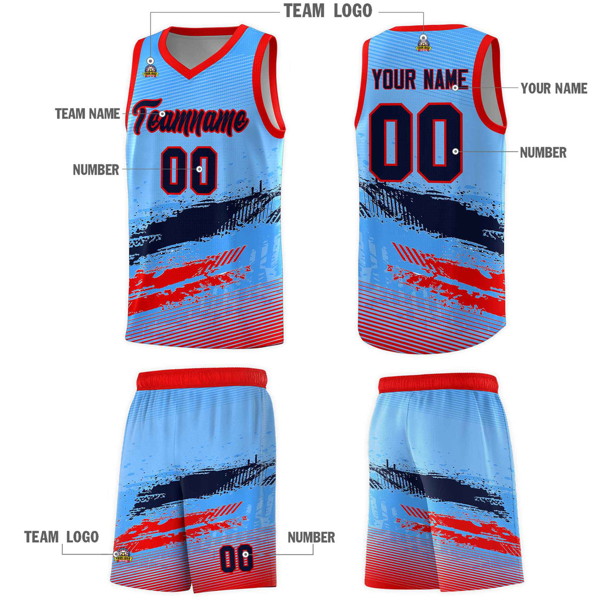 Custom Powder Blue Navy and Red Graffiti Pattern Sports Uniform Basketball Jersey|KXKSHOP