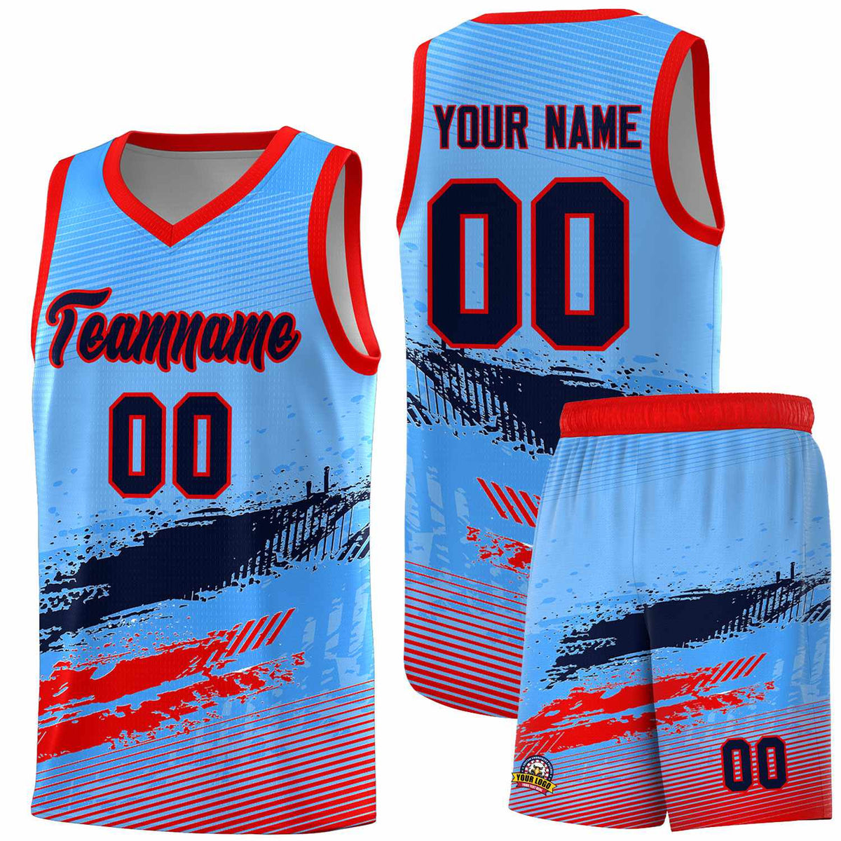 Custom Powder Blue Navy and Red Graffiti Pattern Sports Uniform Basketball Jersey|KXKSHOP