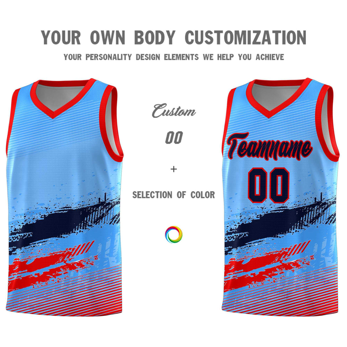 Custom Powder Blue Navy and Red Graffiti Pattern Sports Uniform Basketball Jersey|KXKSHOP