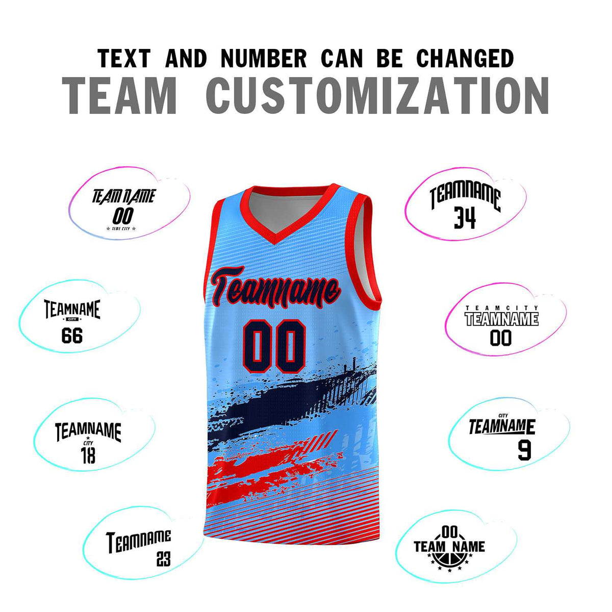 Custom Powder Blue Navy and Red Graffiti Pattern Sports Uniform Basketball Jersey|KXKSHOP