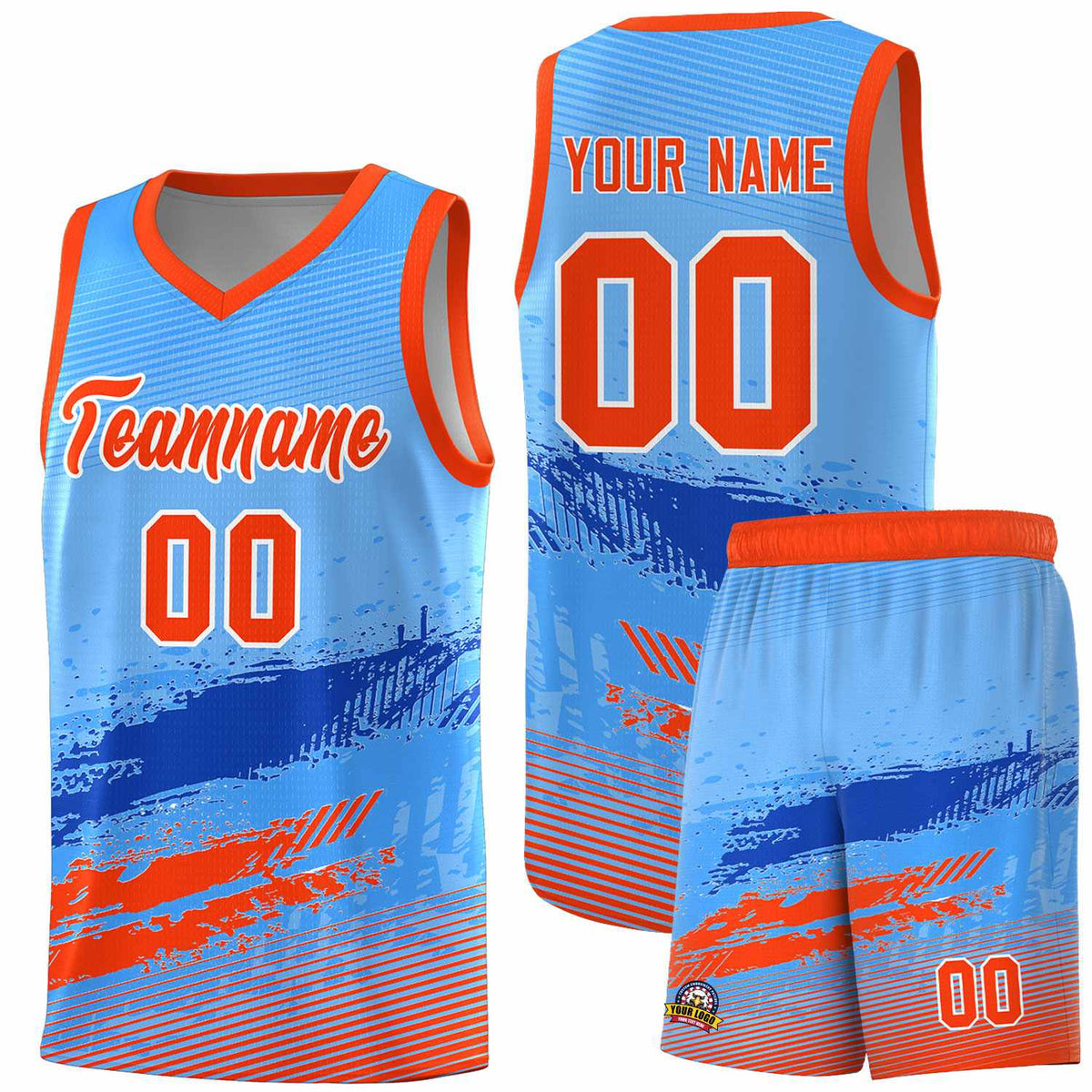 Custom Powder Blue Royal and Orange Graffiti Pattern Sports Uniform Basketball Jersey|KXKSHOP