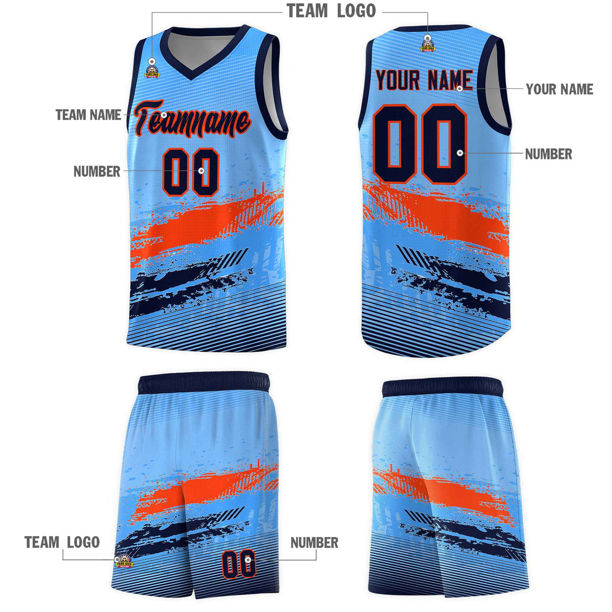 Custom Powder Blue Orange and Navy Graffiti Pattern Sports Uniform Basketball Jersey|KXKSHOP