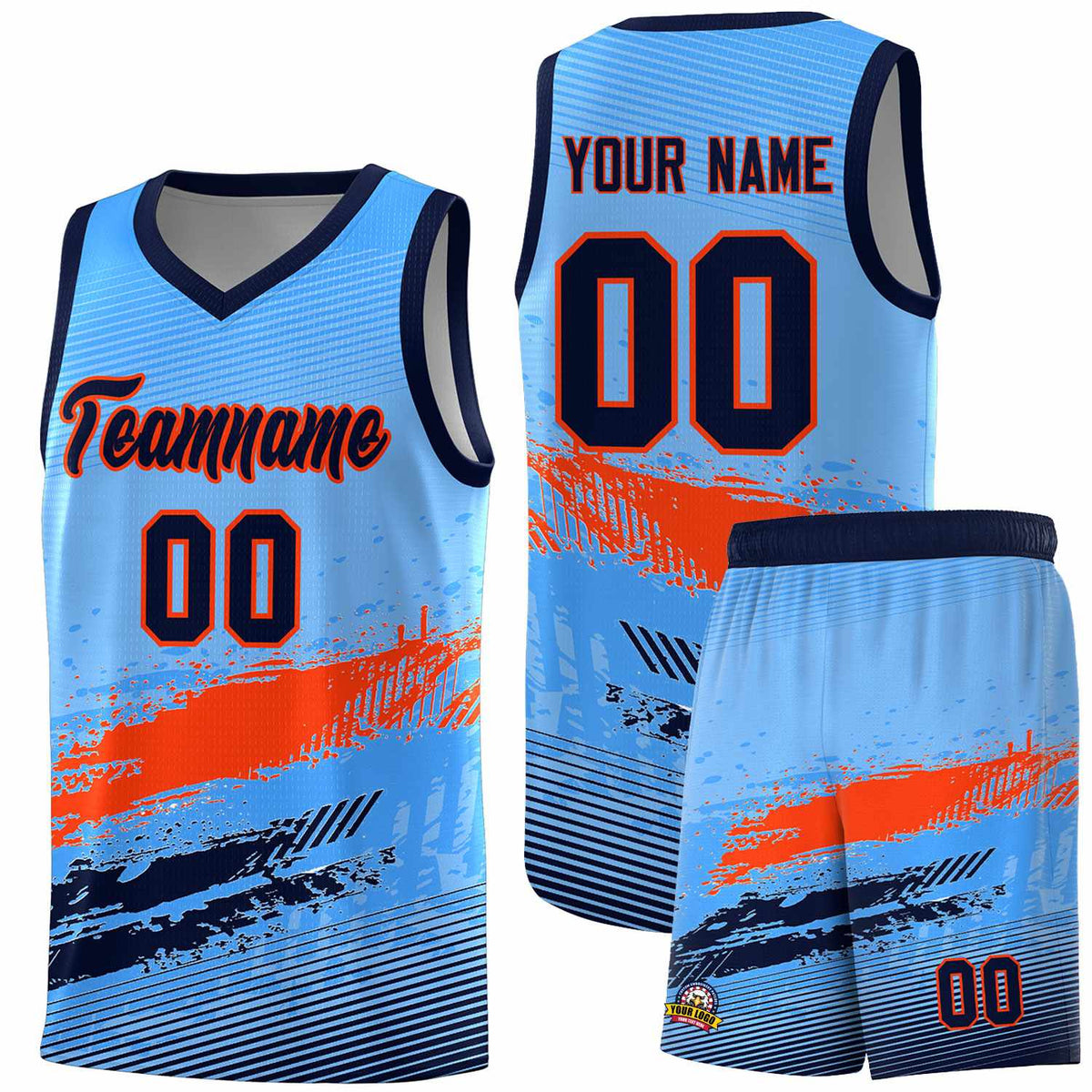 Custom Powder Blue Orange and Navy Graffiti Pattern Sports Uniform Basketball Jersey|KXKSHOP