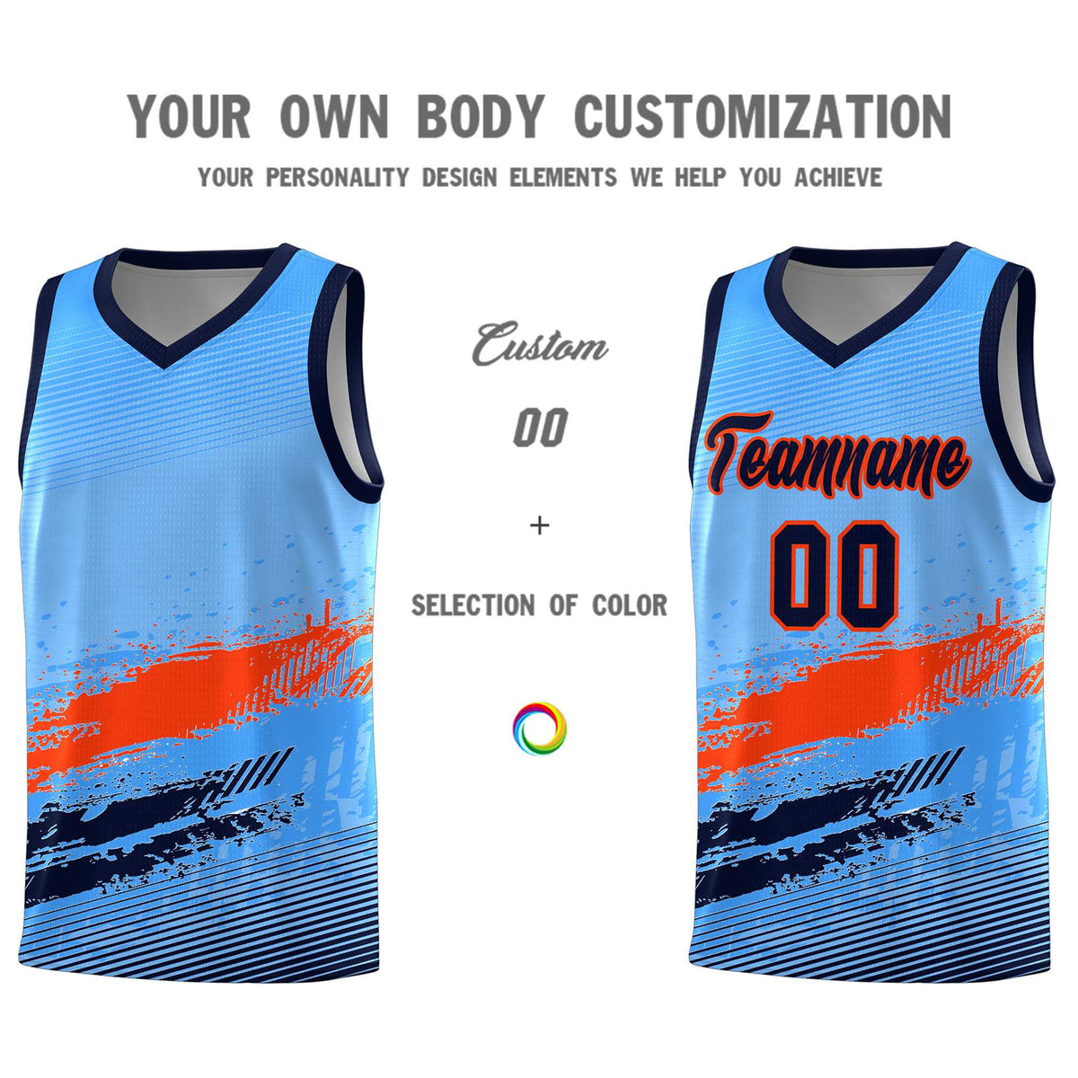 Custom Powder Blue Orange and Navy Graffiti Pattern Sports Uniform Basketball Jersey|KXKSHOP