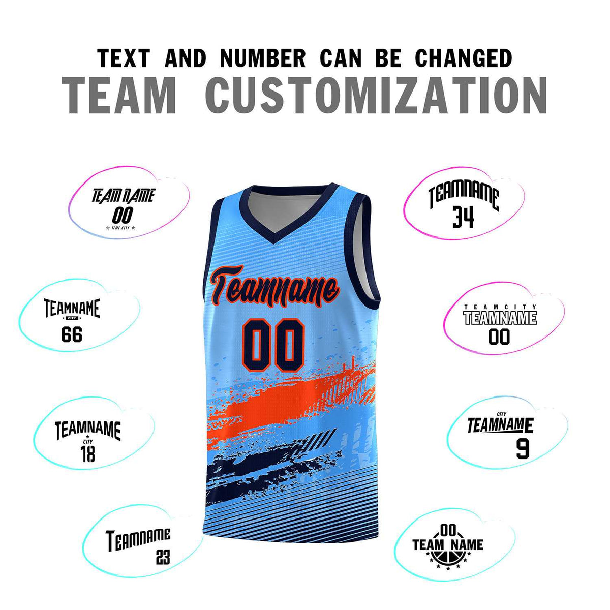 Custom Powder Blue Orange and Navy Graffiti Pattern Sports Uniform Basketball Jersey|KXKSHOP