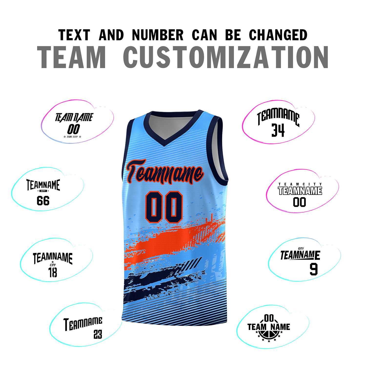 Custom Powder Blue Orange and Navy Graffiti Pattern Sports Uniform Basketball Jersey|KXKSHOP
