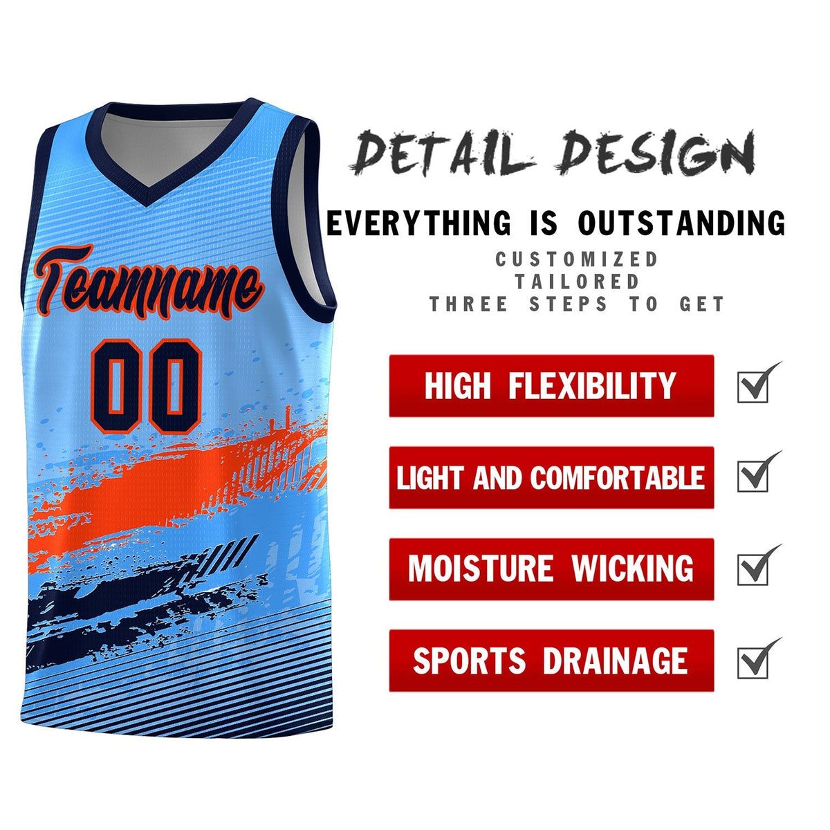 Custom Powder Blue Orange and Navy Graffiti Pattern Sports Uniform Basketball Jersey|KXKSHOP