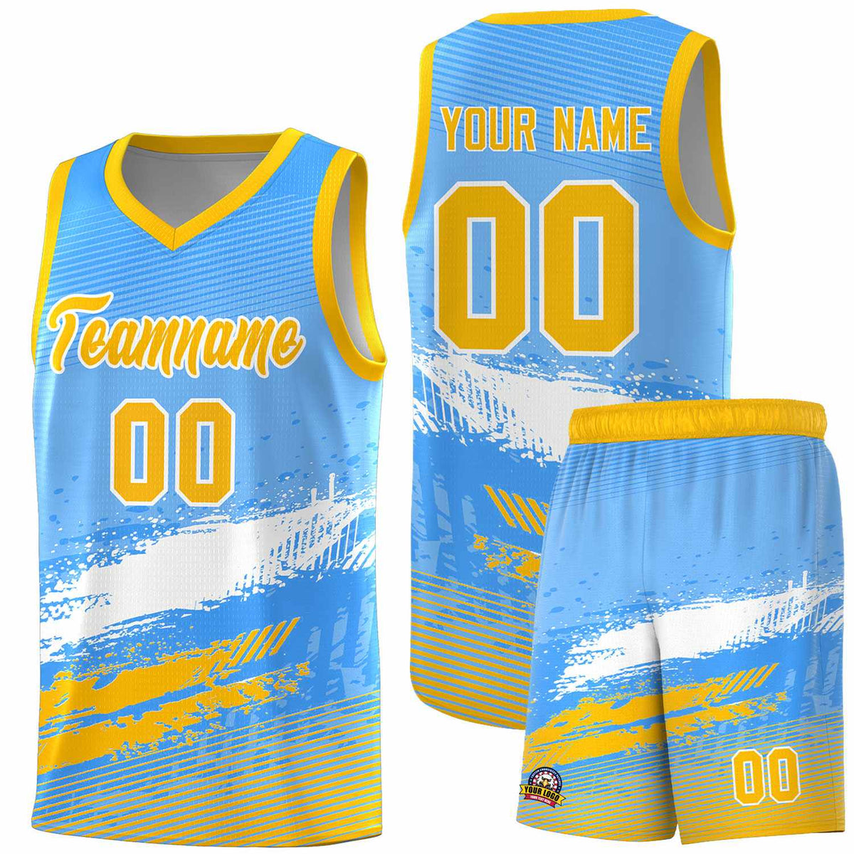 Custom Powder Blue White and Yellow Graffiti Pattern Sports Uniform Basketball Jersey|KXKSHOP