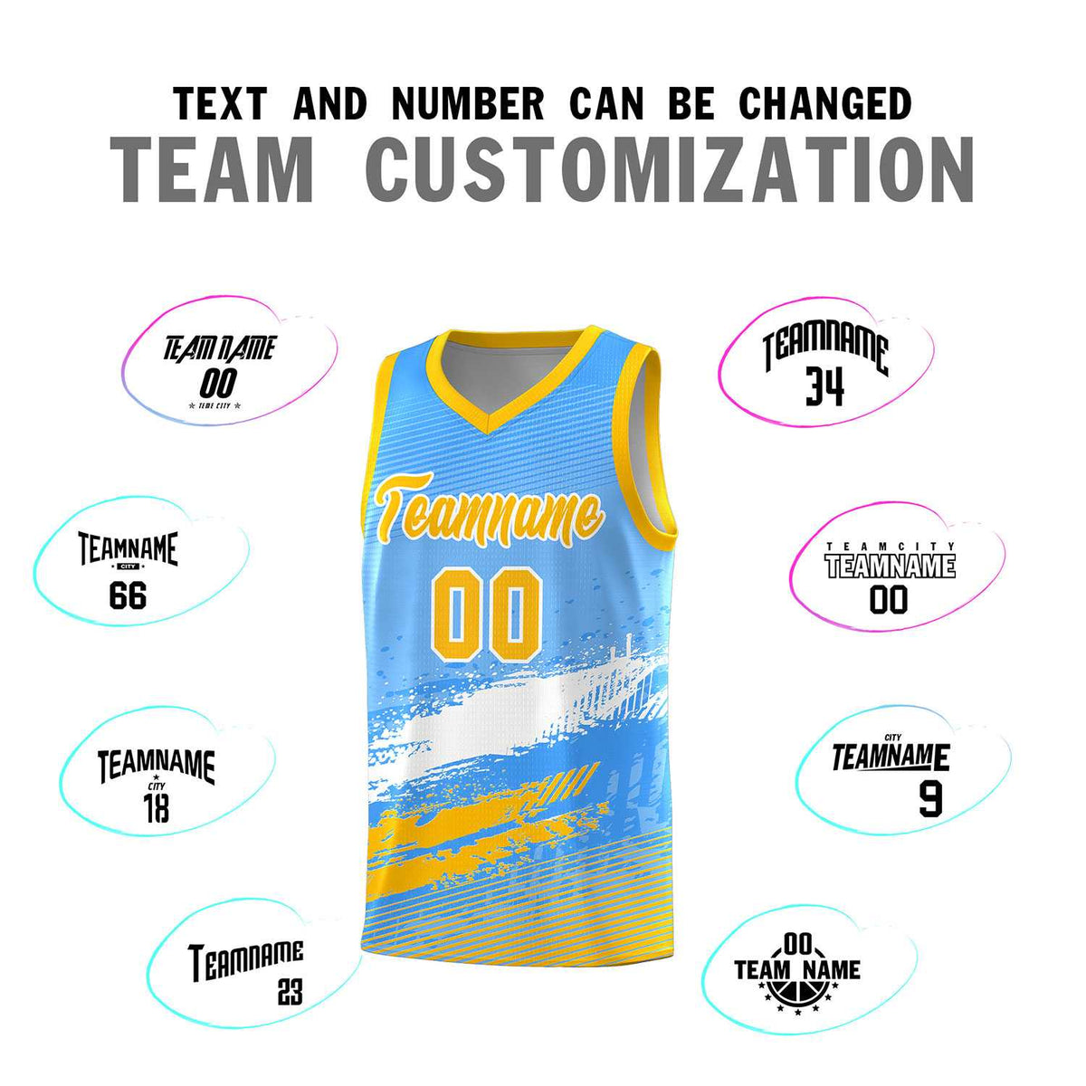 Custom Powder Blue White and Yellow Graffiti Pattern Sports Uniform Basketball Jersey|KXKSHOP