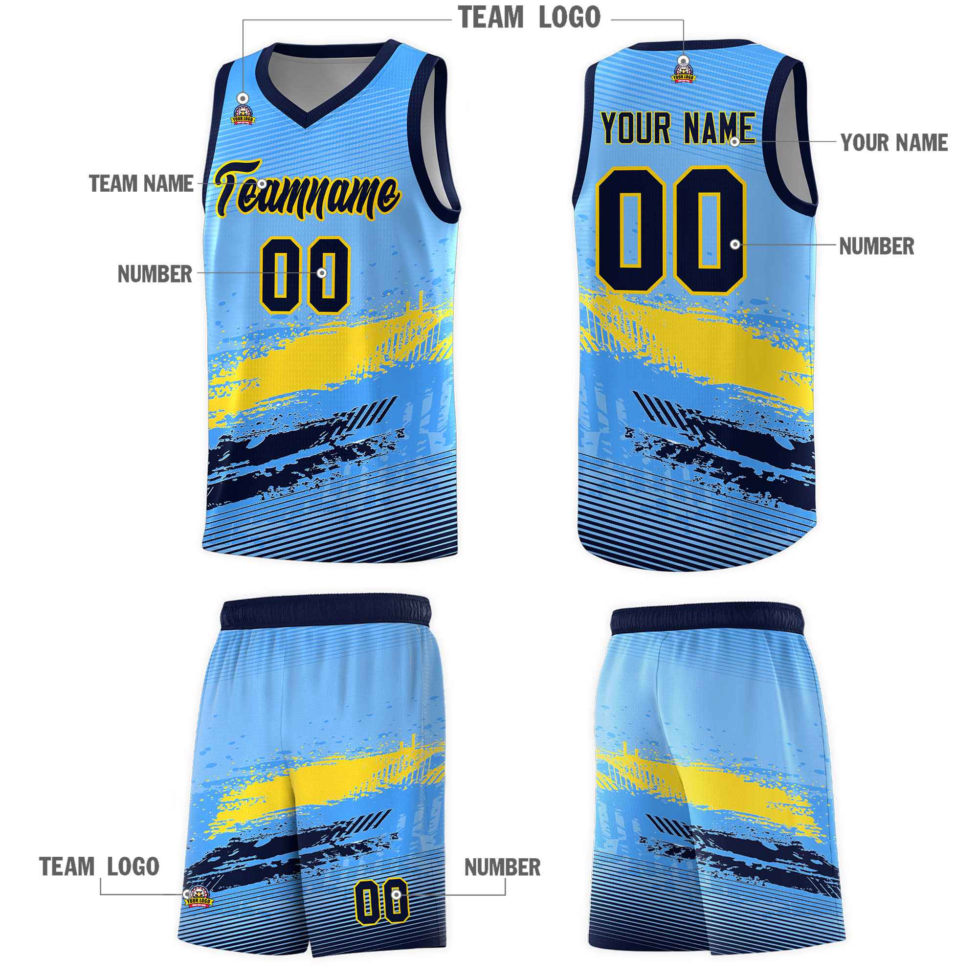 Custom Powder Blue Gold and Navy Graffiti Pattern Sports Uniform Basketball Jersey|KXKSHOP