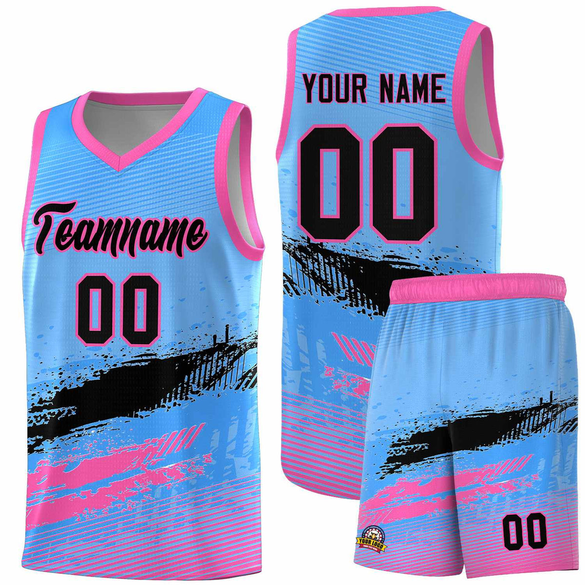 Custom Powder Blue Black and Pink Graffiti Pattern Sports Uniform Basketball Jersey|KXKSHOP