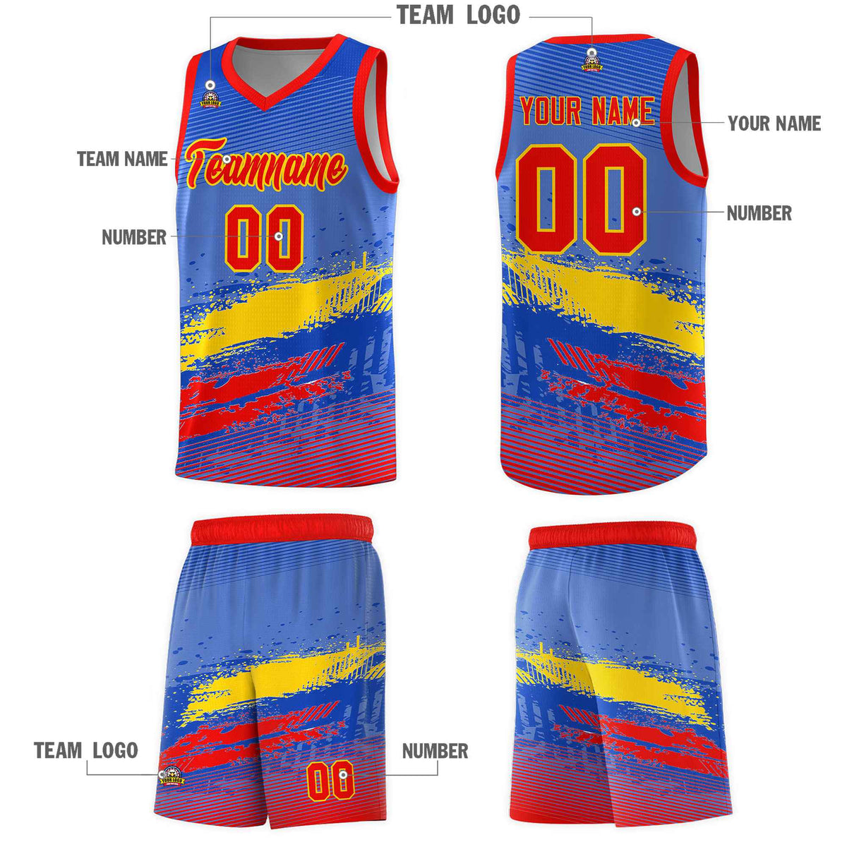 Custom Royal Gold and Red Graffiti Pattern Sports Uniform Basketball Jersey|KXKSHOP