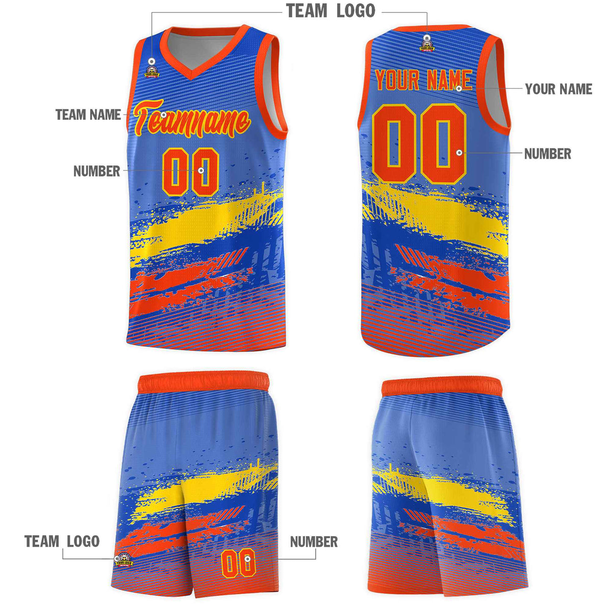 Custom Royal Gold and Orange Graffiti Pattern Sports Uniform Basketball Jersey|KXKSHOP